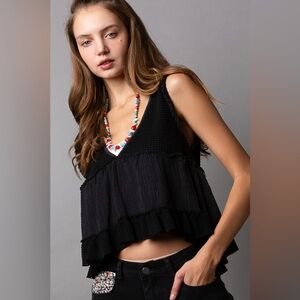 133B.  Sleeveless Contrast Thermal Babydoll Top - Black